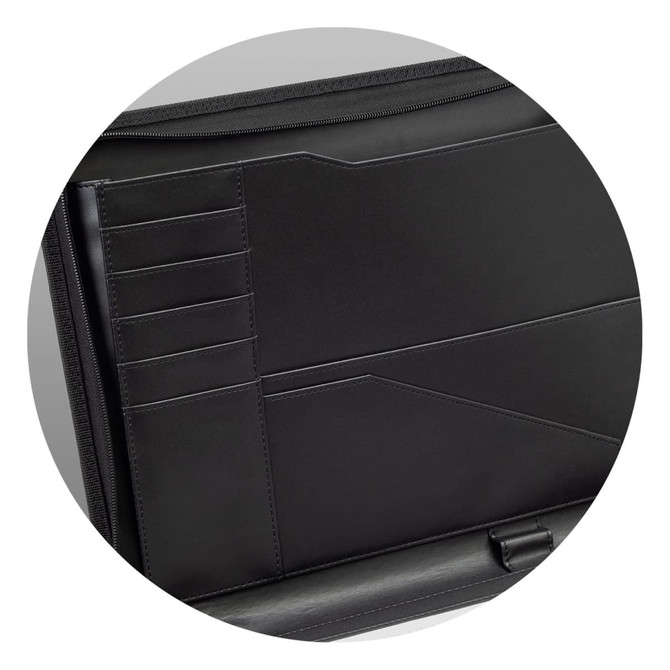 A black travel portfolio case featuring multiple pockets and card slots, made from sleek material.