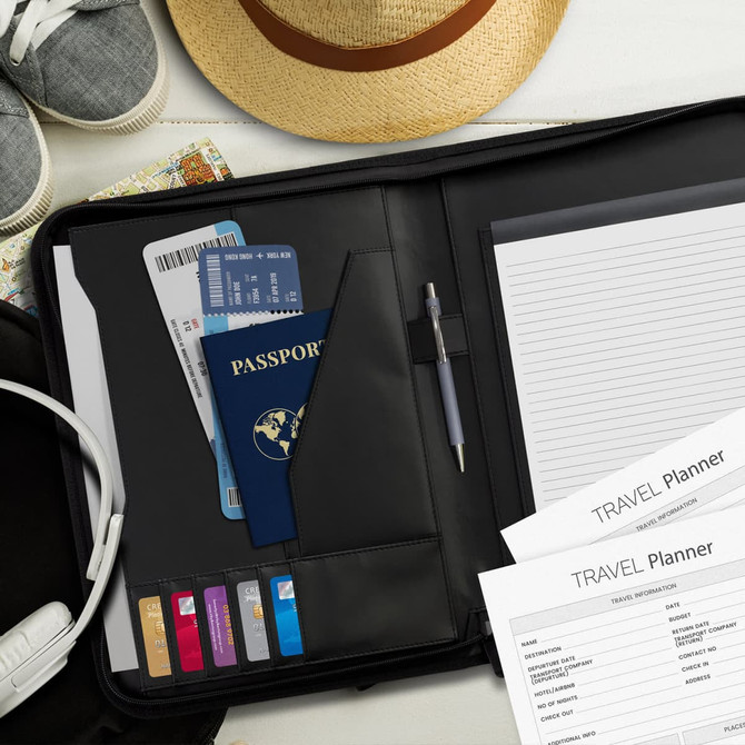 A black travel portfolio case displaying a passport, travel documents, credit cards, a pen, and notepads, alongside a hat and shoes.