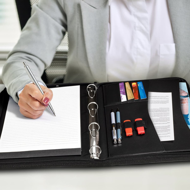 A black portfolio featuring a smooth finish, designed for professional use. It has a branding logo on the front.