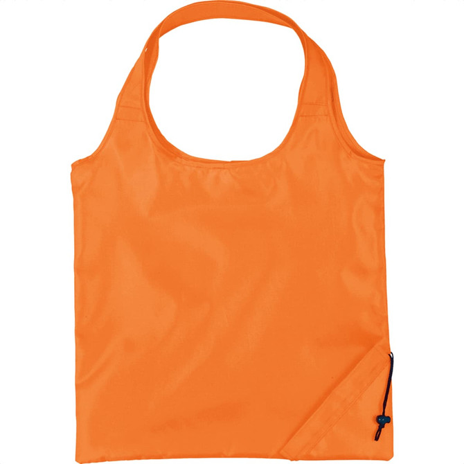 An orange foldaway tote bag with a single handle and a drawstring closure feature. It has a logo.