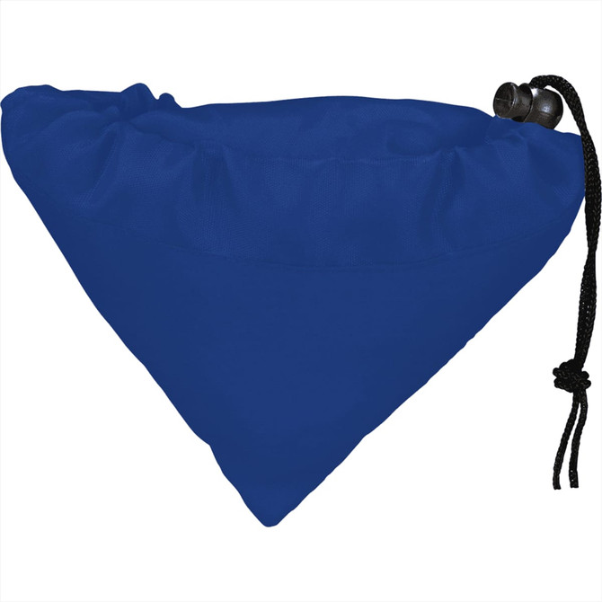 A blue foldaway shopper tote bag with a gathered top and drawstring closure. It features a logo.