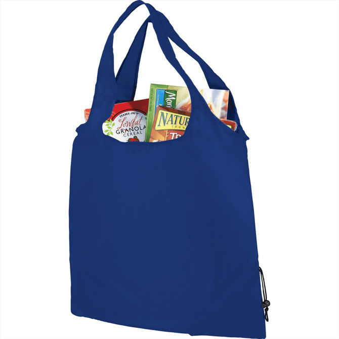A blue foldaway shopper tote with a variety of products partially visible inside. It features a logo.