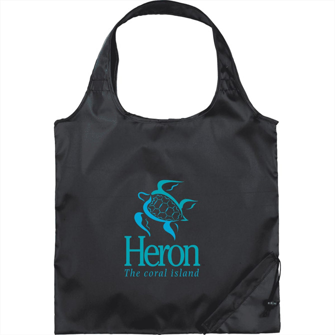 A black foldaway tote bag featuring a turtle design and a branding logo. 