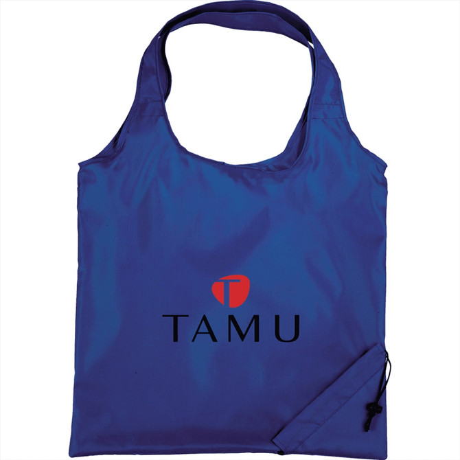 A blue foldaway shopper tote bag with a logo, featuring long handles for easy carrying.