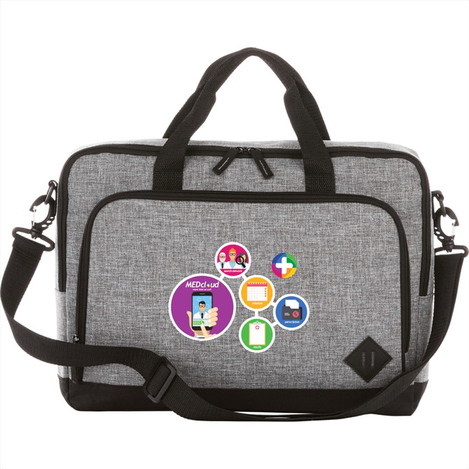 A grey and black laptop briefcase with a shoulder strap and multiple decorative stickers on the front.