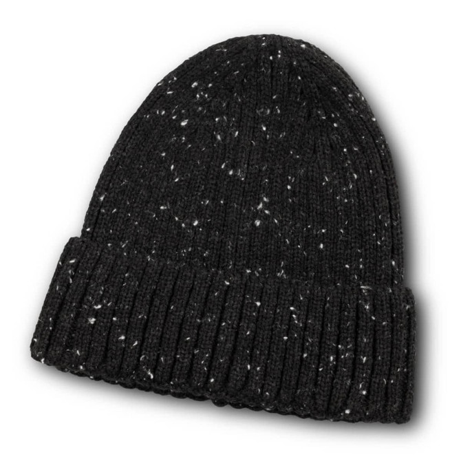 A black beanie with a speckled design and a rolled cuff, featuring a logo on one side.
