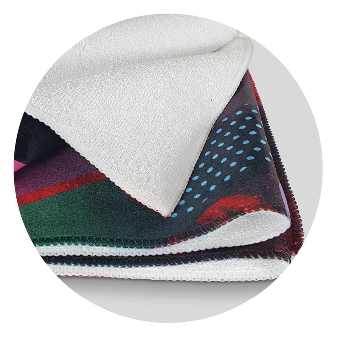 A sports fit towel featuring vibrant colours with a textured white edge and a logo. Ideal for gym use.