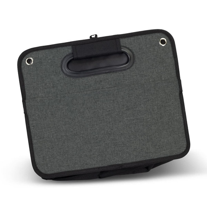 A grey trunk organiser with a handle and grommet holes, featuring a textured fabric design and a black trim.