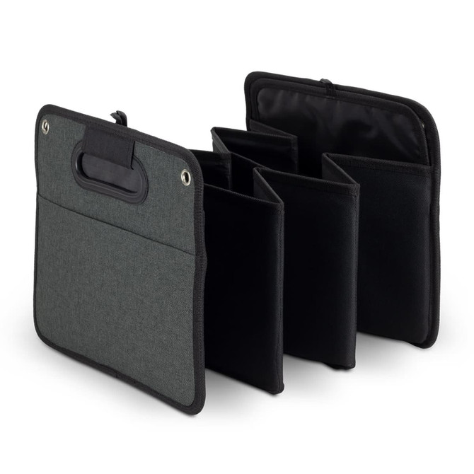 Avera Trunk Organiser in grey and black, featuring a handle and multiple compartments for storage.
