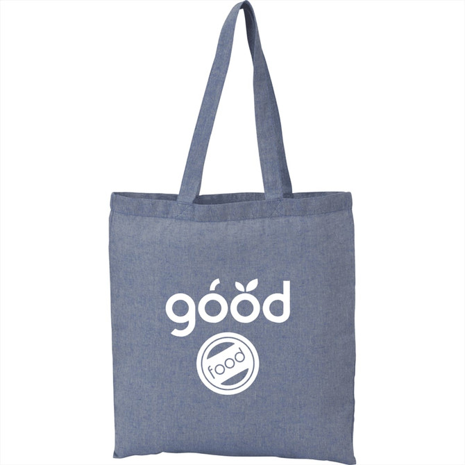 A blue recycled cotton twill tote bag with two handles and a logo on the front.
