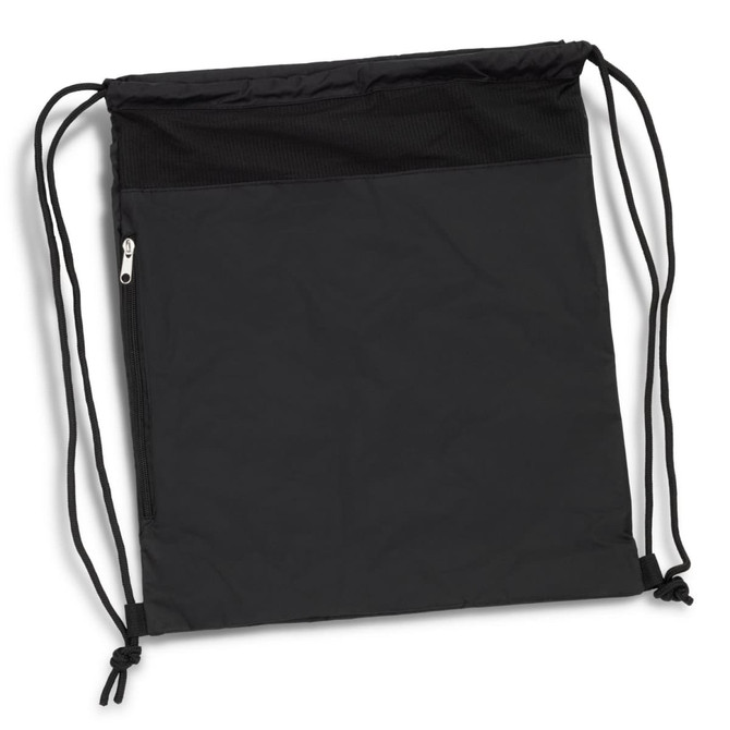 A black drawstring backpack with a zippered pocket and adjustable cords at the bottom. It has a textured top panel.