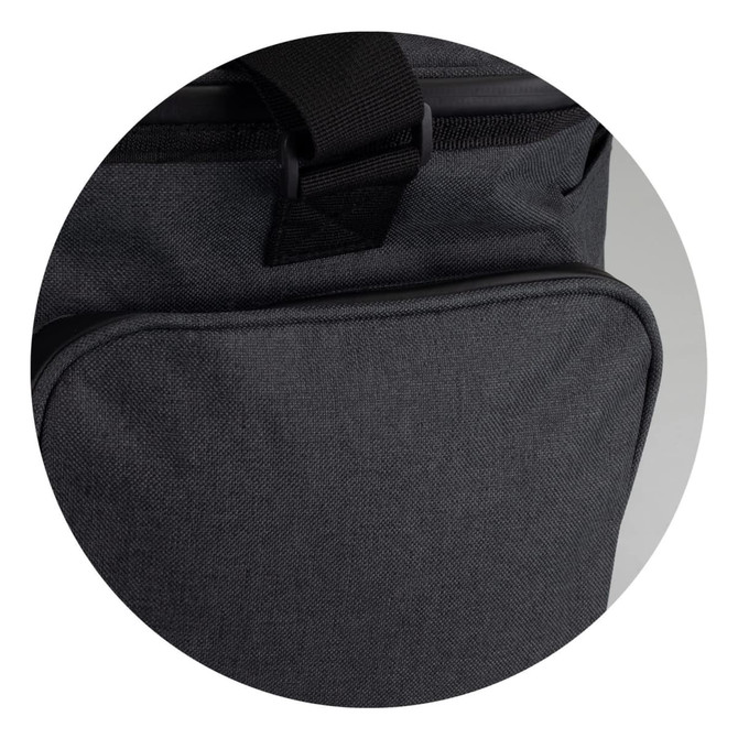 A grey cooler bag featuring a front pocket and a sturdy strap, designed for carrying beverages or food items.
