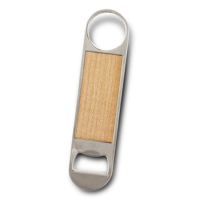 A drink bottle opener with a stainless steel finish and a wooden panel in the centre. It features a logo.