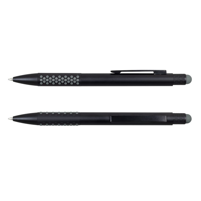A stylus pen in black with a textured grip and a smooth finish, featuring a logo.