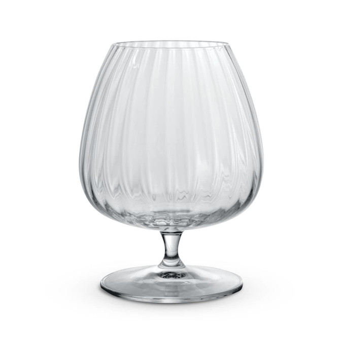 A clear, ribbed cognac glass with a round base, showcasing an elegant design.