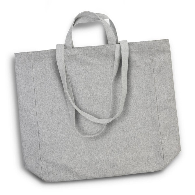 A grey tote bag with two handles, featuring a simple design and a logo.