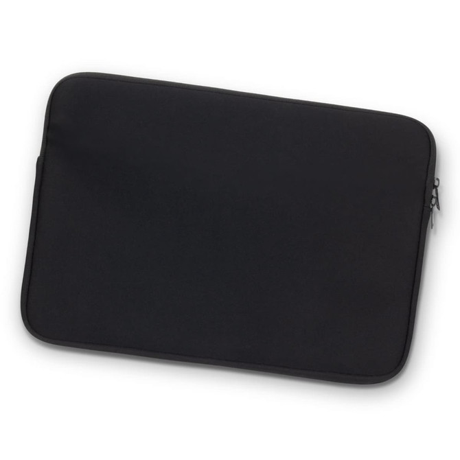 A black laptop sleeve with a zip closure and a smooth exterior, featuring a subtle logo.