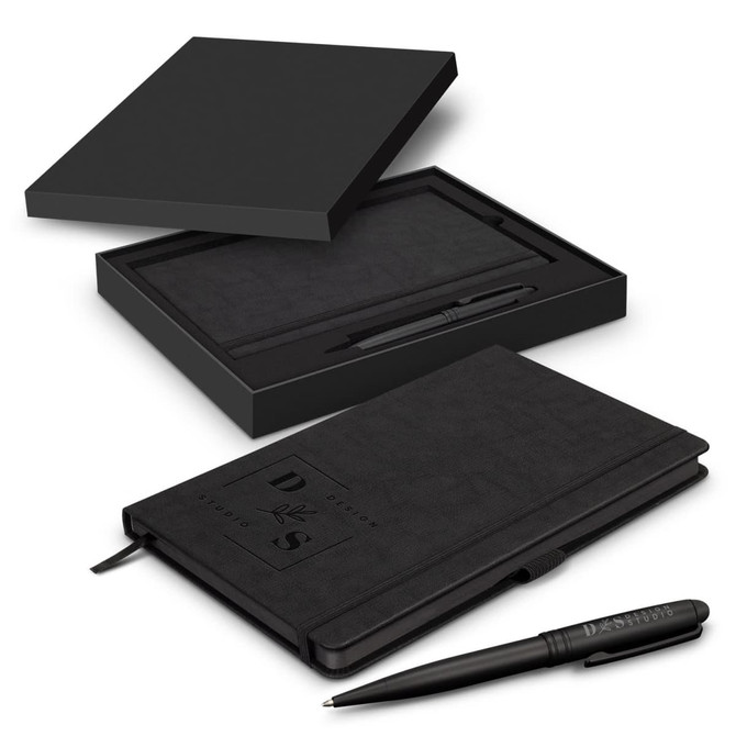 A black writing set featuring a notebook and pen, presented in a sleek black gift box with a logo.