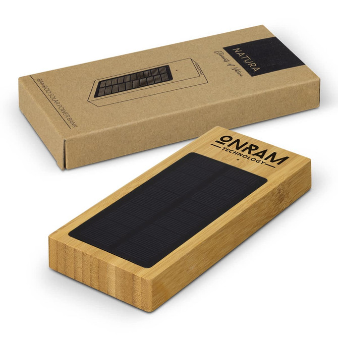 A bamboo solar power bank in earthy tones, presented in a cardboard box featuring a logo.