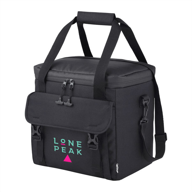 A black cooler bag with a padded top, adjustable straps, and a logo on the front. It features a secure closure and side pockets.
