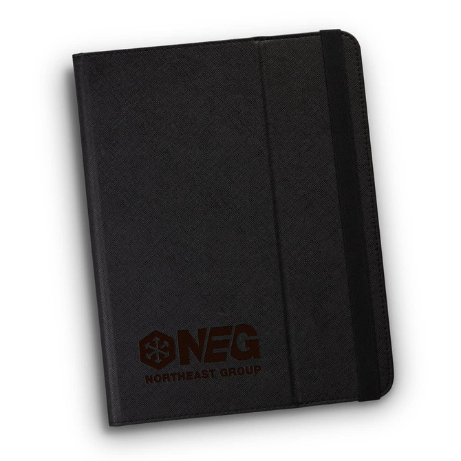 A sleek black tablet case with a textured finish and an embossed logo on the front.