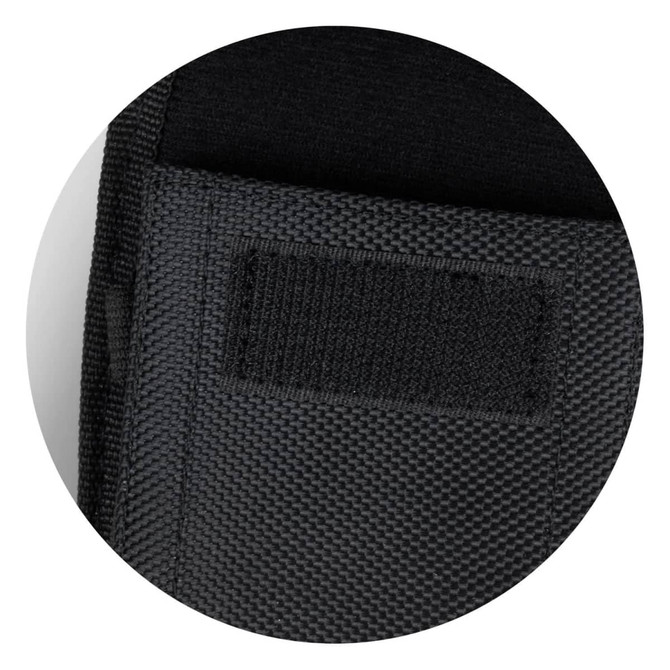 A black phone pouch featuring a textured exterior and a velcro closure. It includes a discreet logo on the surface.