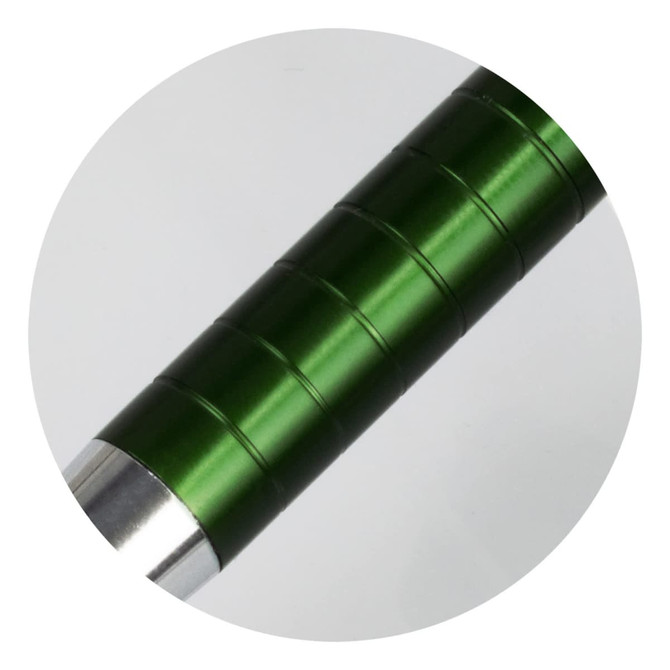 A green metal pen featuring a textured grip and a silver tip, with a branding logo visible.