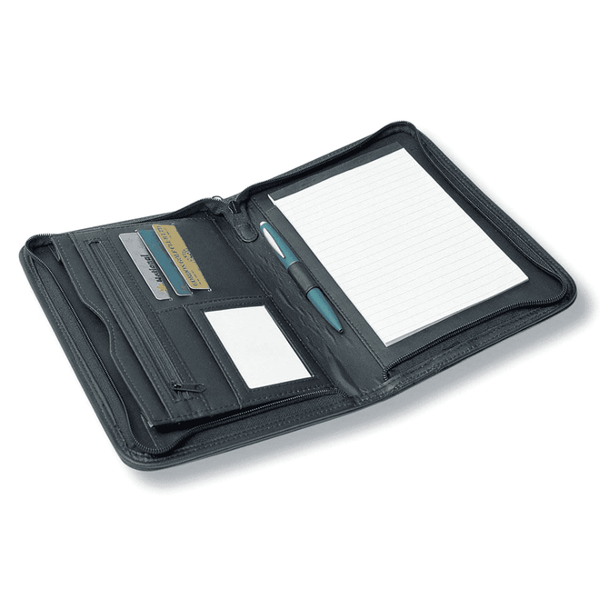 A5 zippered compendium in black, featuring a notepad, pen holder, card slots, and a zippered pocket.