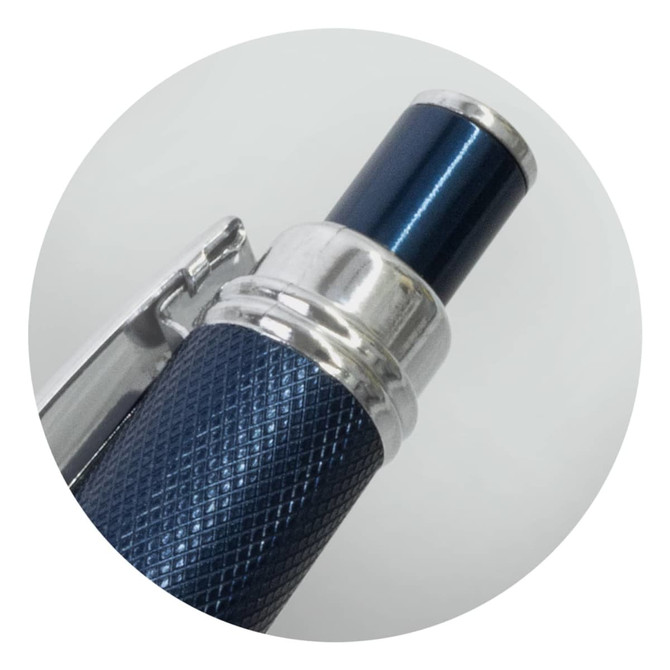 A close-up of a blue metal pen featuring a textured grip and a shiny silver clip. It has a branding logo.