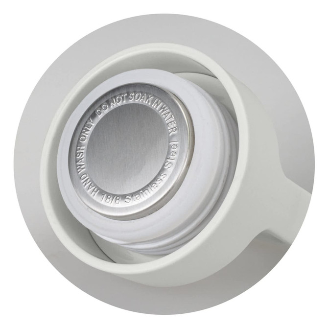 A drink bottle featuring a grey stainless steel base and a white screw-on lid, with a logo on the side.