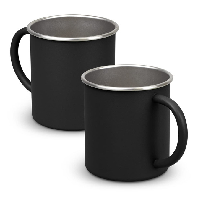 A drink mug set featuring a matte black exterior and a silver rim. Each mug has a sturdy handle.