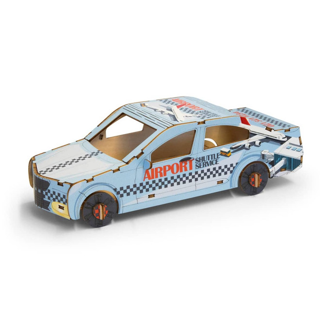 A wooden model of a sedan car in blue and white, featuring a checkered design and a branded logo.