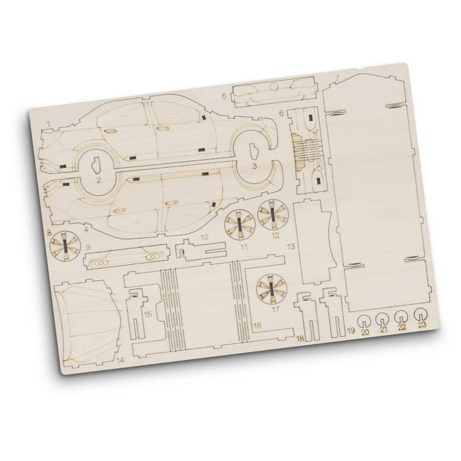 A wooden model kit of a sedan car featuring various pre-cut components ready for assembly.