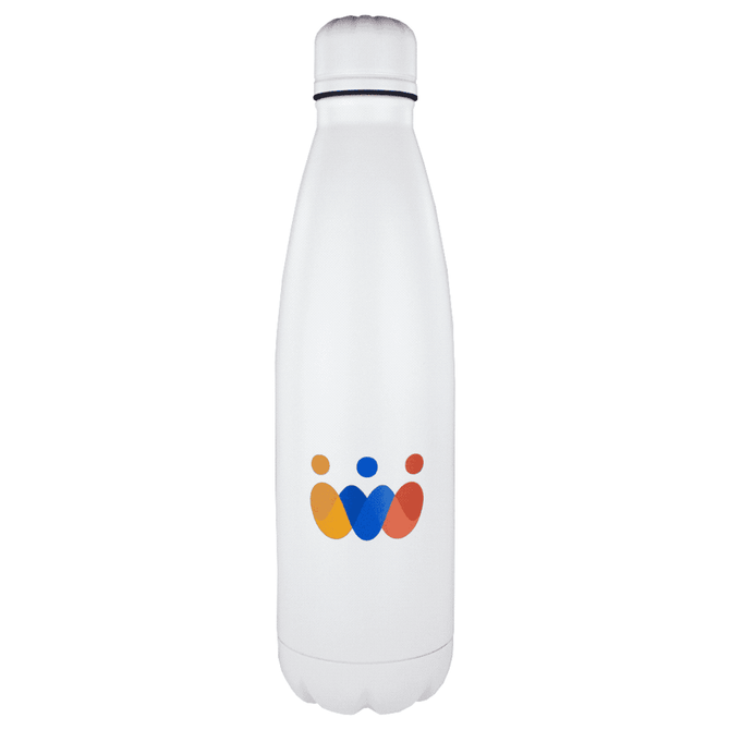A drink bottle in white with a round top and a logo in blue, orange, and red. Features a vacuum insulated design.