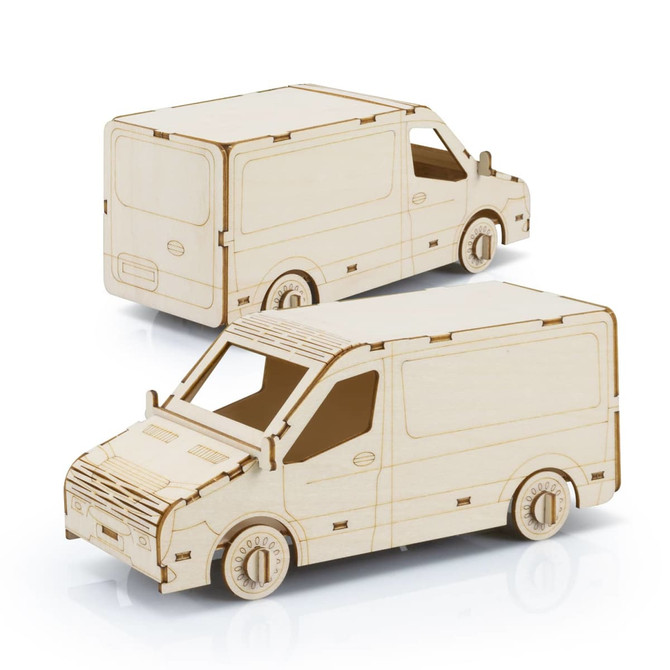 A wooden model of a van in a light natural wood finish, featuring a detailed design with wheels and windows.