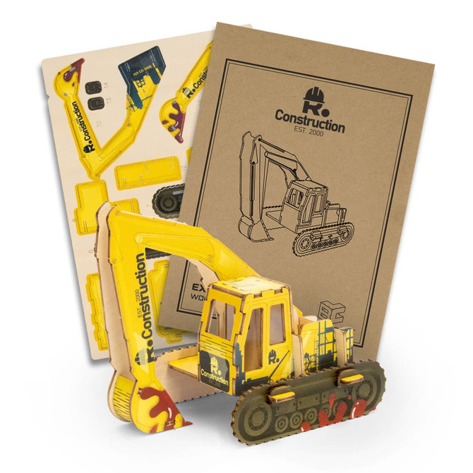 A yellow excavator wooden model kit with printed components and assembly instructions, presented in a kraft packaging.