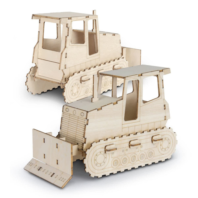 A wooden model of a bulldozer, featuring detailed cut-outs and a pale wood finish, with a logo present.