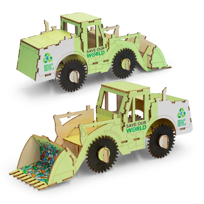A wooden model of a wheel loader in green and natural wood tones, featuring a recycling theme and logo.