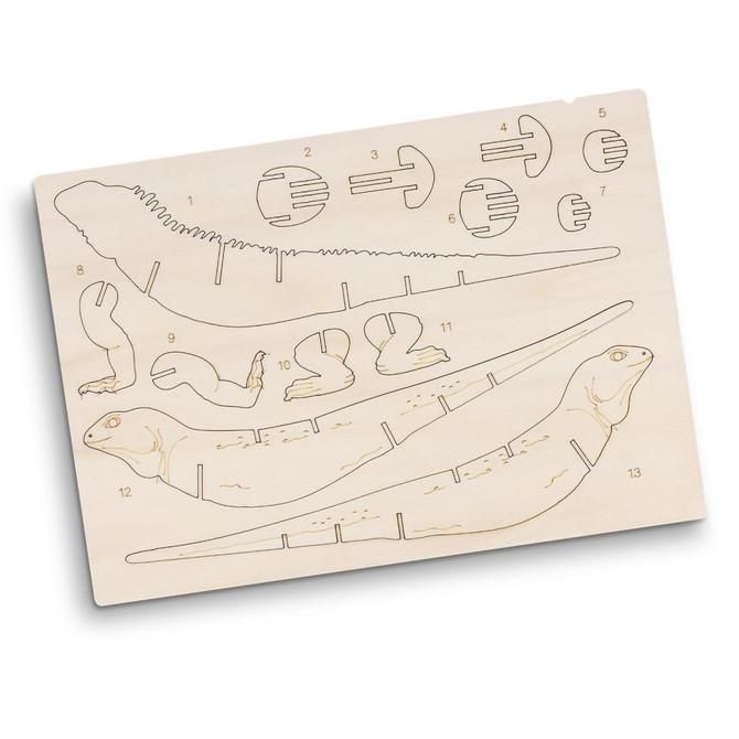 A wooden model kit with laser-cut pieces resembling a tuatara, featuring light wood colour and numbered parts for assembly.