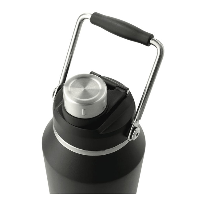 A drink bottle in matte black with a stainless steel lid and handle, featuring a logo on the body.