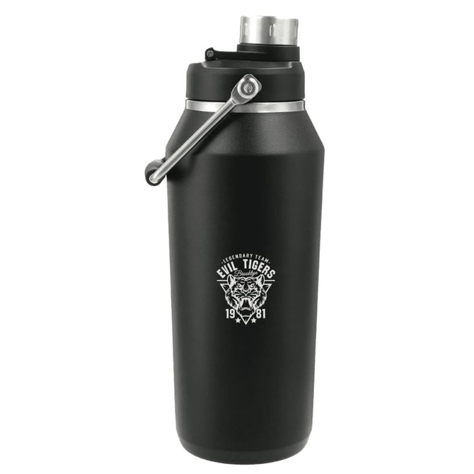 A drink bottle in matte black with a silver cap, featuring a logo on the front.