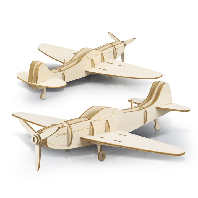 A wooden model of a plane in light brown, showcasing intricate design details and propellers. Features a logo.