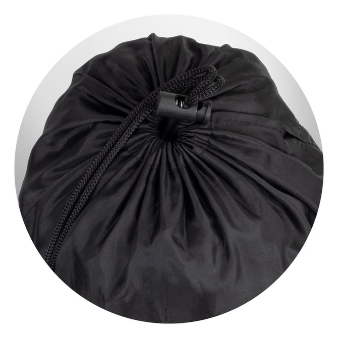 A black puffer blanket is rolled up and secured with a drawstring at the top. It has a smooth, shiny texture.