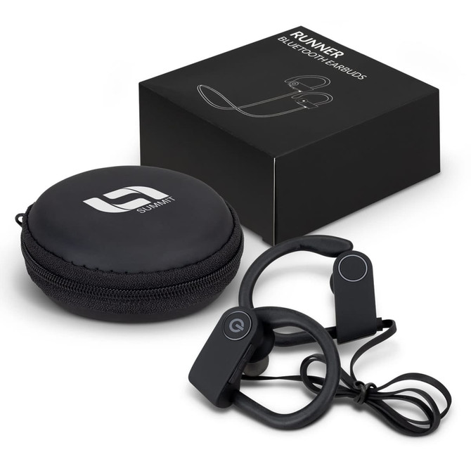 Runner Bluetooth earbuds in black with a small round carrying case and packaging. Earbuds have a distinctive design.