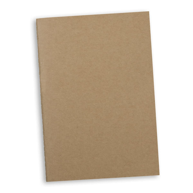 A brown soft cover notebook with a simple design, featuring a plain textured exterior and a logo.