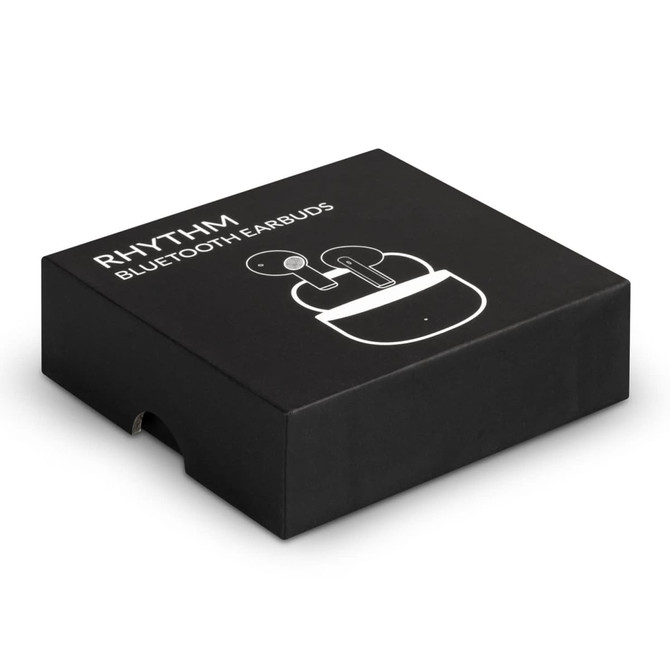 A black box containing Rhythm Bluetooth earbuds, featuring a simplistic design with an illustration of the product.