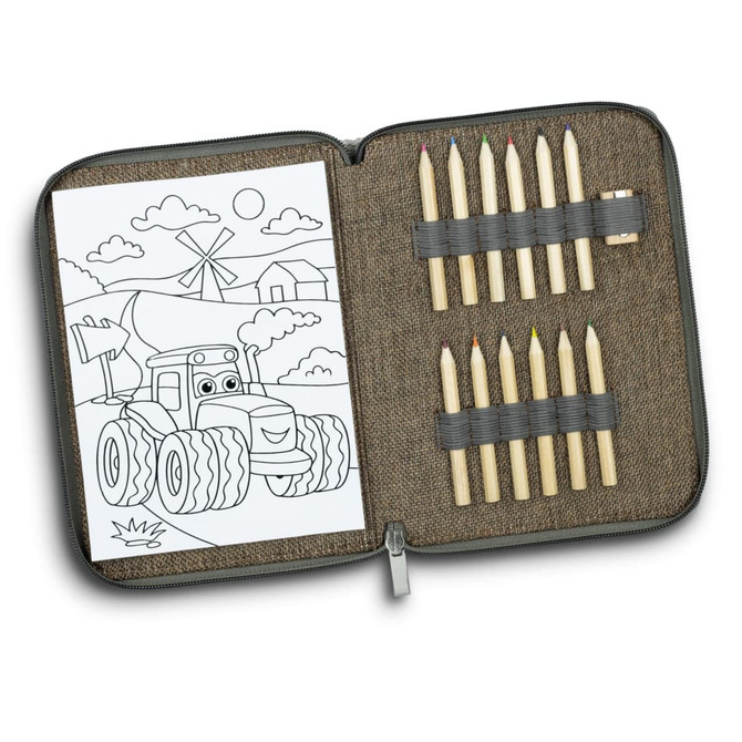 A portable drawing set with a zipped case, featuring coloured pencils and a black-and-white illustration of a tractor.