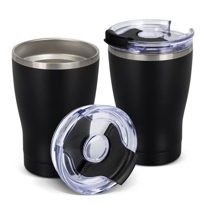 A drink bottle set featuring two black vacuum cups with clear lids and stainless steel accents.