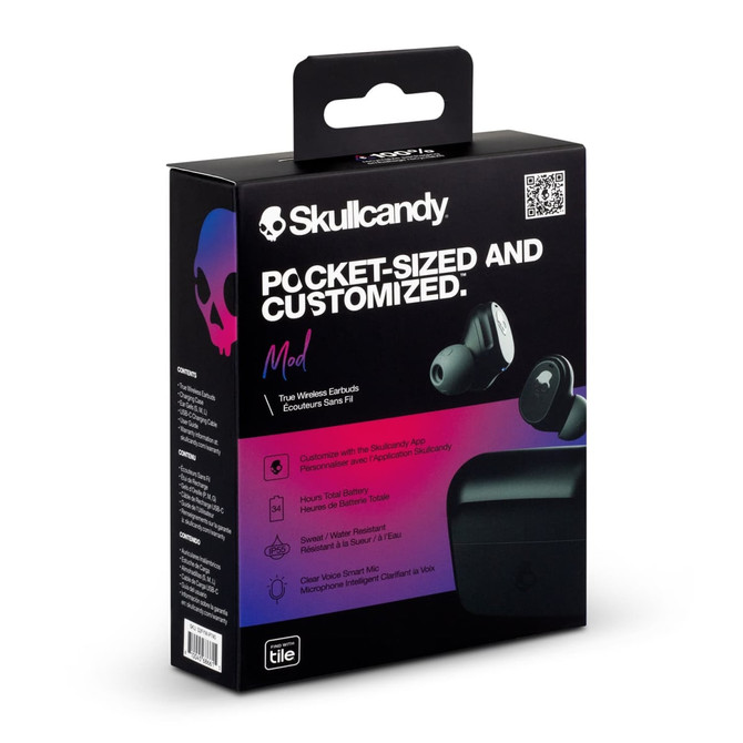 A package for Skullcandy Mod TWS Earbuds, featuring black and purple colours, with a logo and various product details.