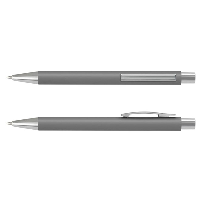 A grey Lancer Soft-Touch Pen features a sleek design with metallic accents and a clip, and has a logo on its body.